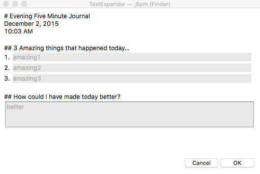 Five Minute Journal Evening TextExpander Snippet